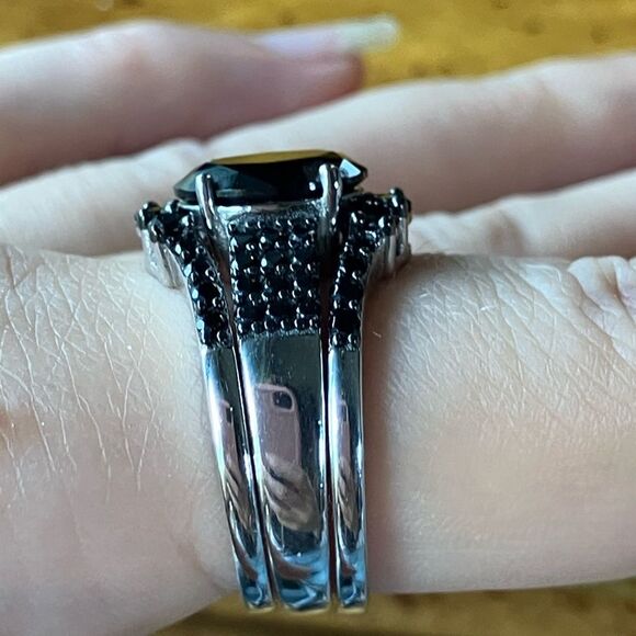 Natural Black Spinel Sterling Silver Ring Set Size 8.75 - Picture 3 of 10